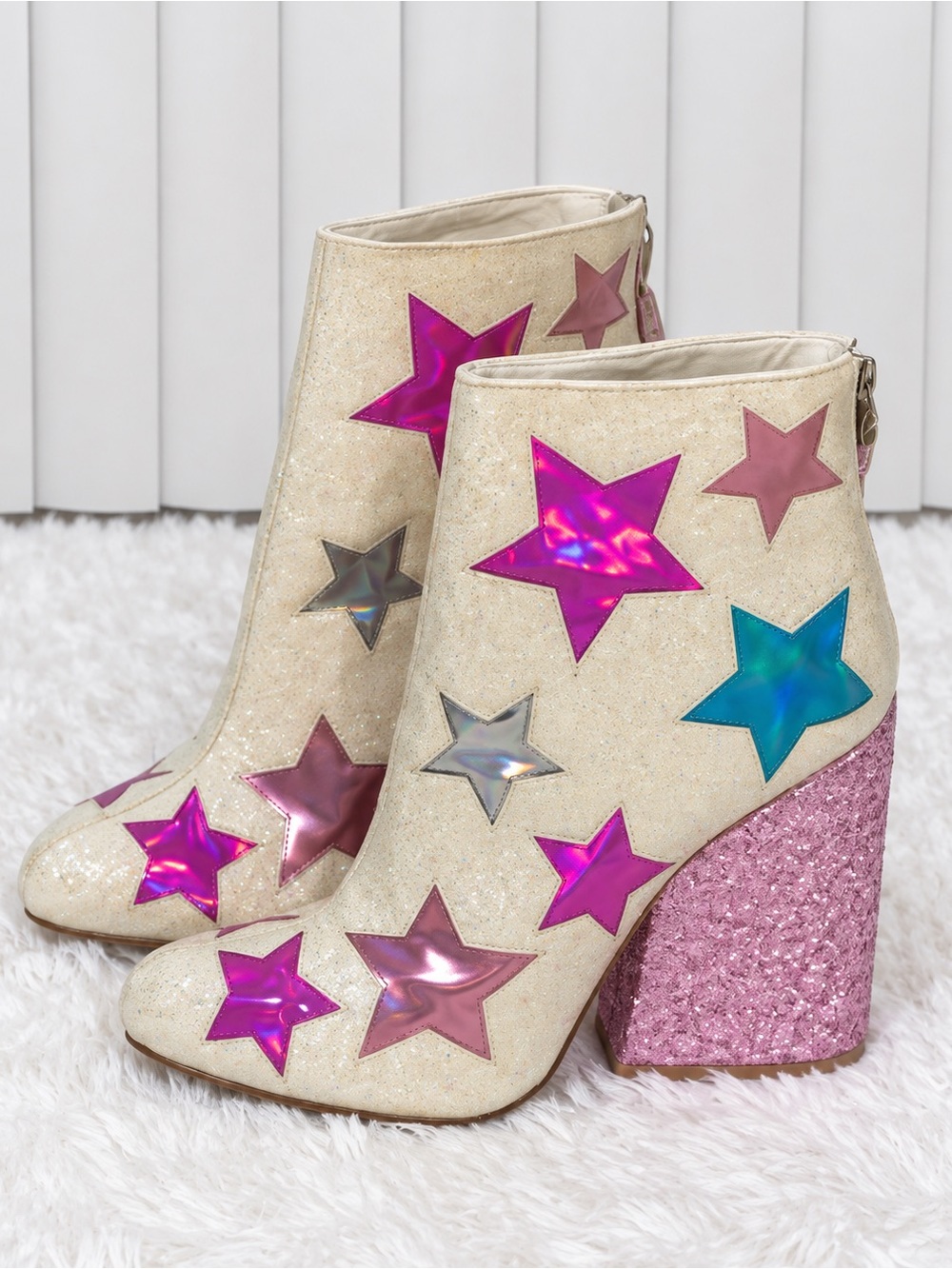 YRU Jem Glitter Holographic Star Ankle Boots Block Heel White Pink Blue Size 7